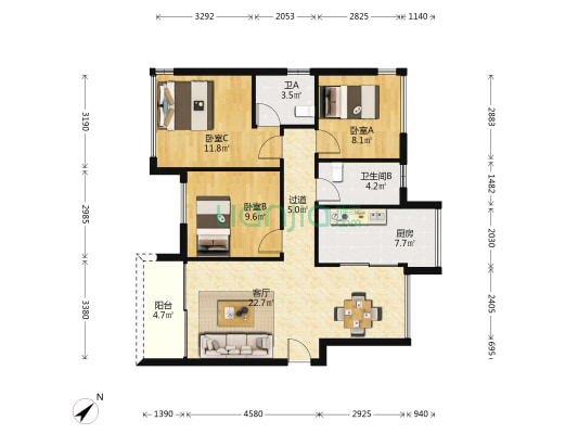 鸿建翡翠郡 3室1厅2卫 89平方