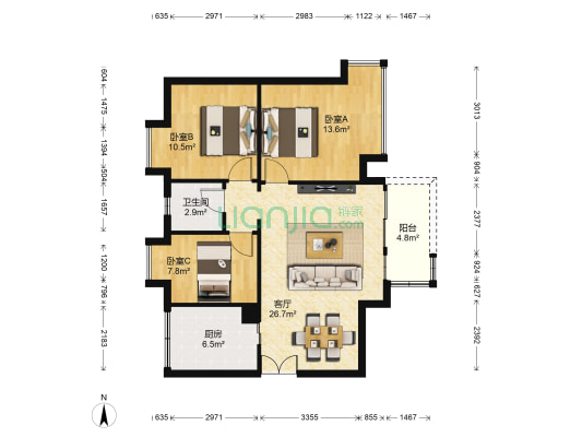 竹盛花园三期 3室1厅1卫 91平方