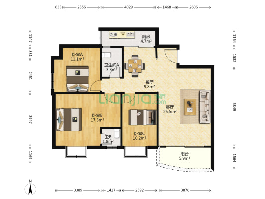 汇德苑 3室2厅2卫 106平方