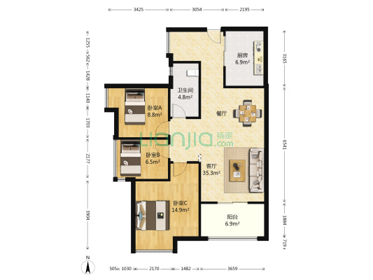 大华南湖公园世家三期 3室1厅1卫 91平方