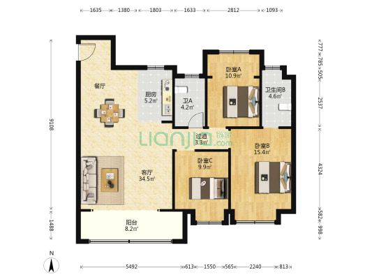 东方颂 3室1厅2卫 130平方