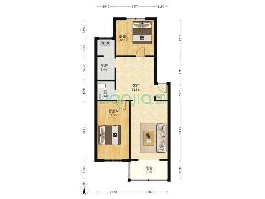 芳甸园小区 2室1厅1卫 88平方