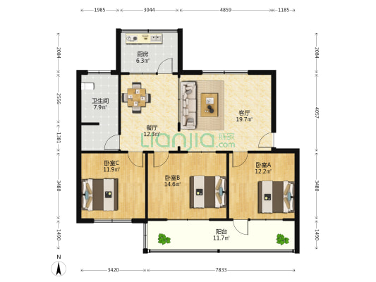 莱建小区 3室2厅1卫 120平方