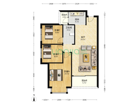 尚东金河湾 3室1厅1卫 98平方