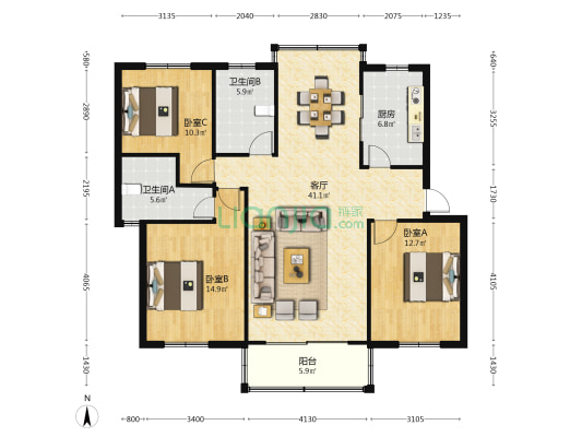 协孚锦园 3室1厅2卫 124平方