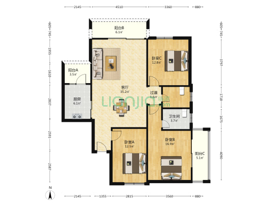 华锦名都 3室1厅1卫 135平方