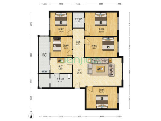 上升街58号 5室2厅2卫 146平方