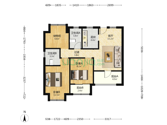 融信厦门世纪 2室1厅2卫 93平方