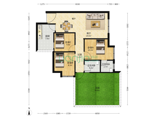 玫瑰·南湖湾 3室1厅2卫 90平方