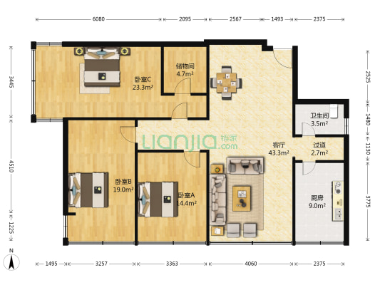 华宫新苑 3室1厅1卫 143平方