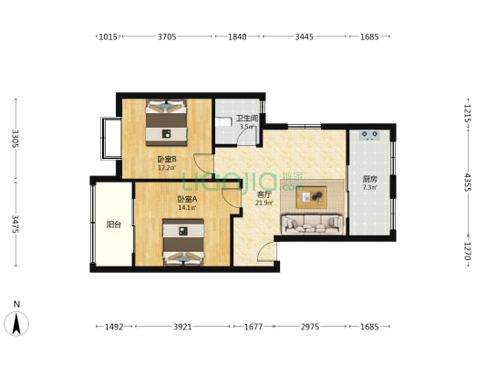 同里时代家园 2室1厅1卫 107平方