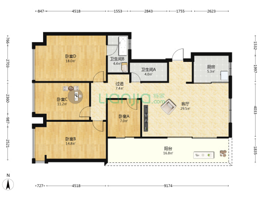 柳岸晓风 4室1厅2卫 143平方