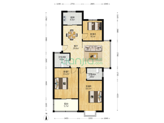 叶新公寓 3室1厅2卫 103平方