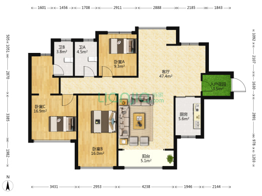 筑梦星园 3室1厅2卫 131平方