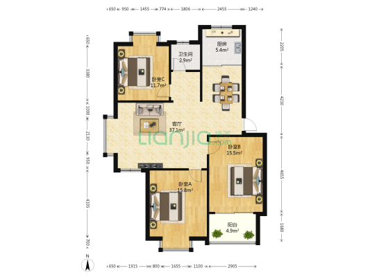 隆泉园东区 3室1厅1卫 106平方