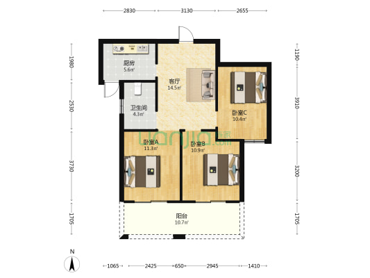 东方第一城湖景苑小区 3室1厅1卫 86平方