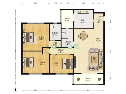 江天路1号 3室1厅2卫 150平方
