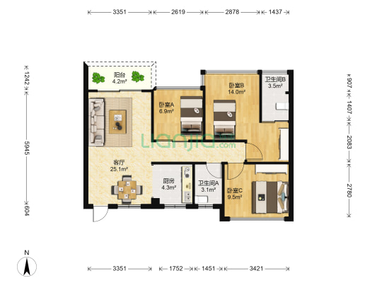 盛禾佳园 3室1厅2卫 89平方