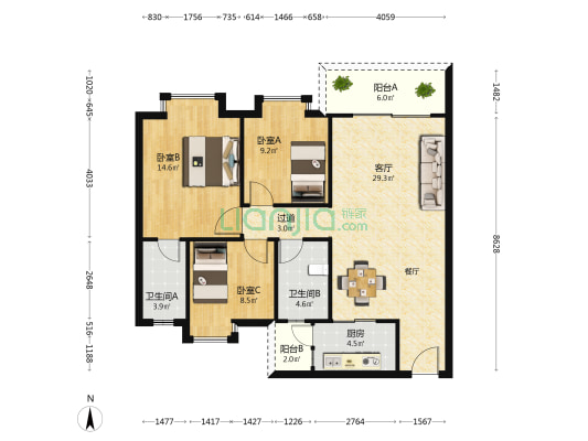 金都华庭 3室1厅2卫 103平方
