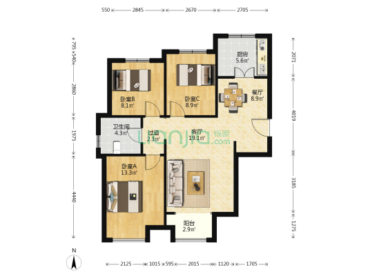 州河湾东园 3室2厅1卫 110平方