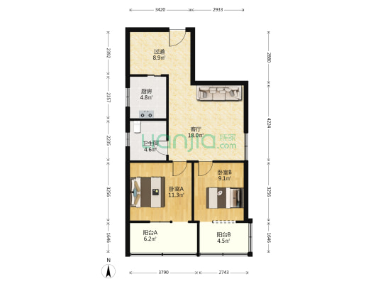 海东青大厦 2室1厅1卫 90平方
