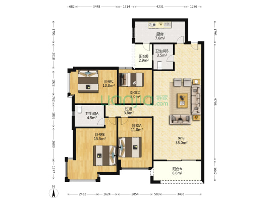 时代花园 4室1厅2卫 135平方