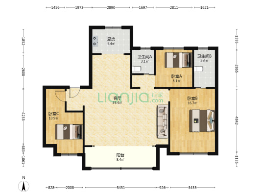 天卿 3室1厅2卫 130平方