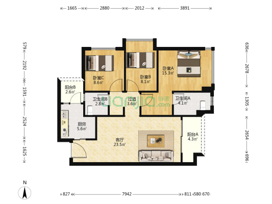 观承承澜 3室1厅2卫 98平方
