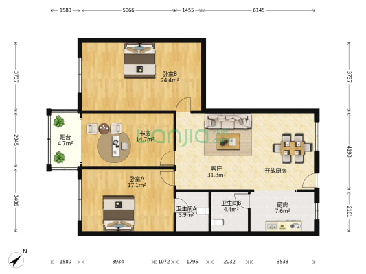荣联公寓 3室1厅2卫 157平方