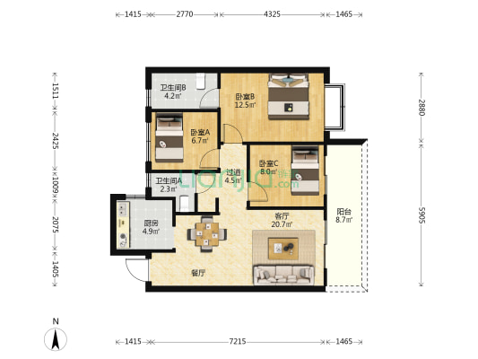 建投学府 3室1厅2卫 89平方