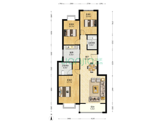 兴盛新区 3室1厅2卫 118平方