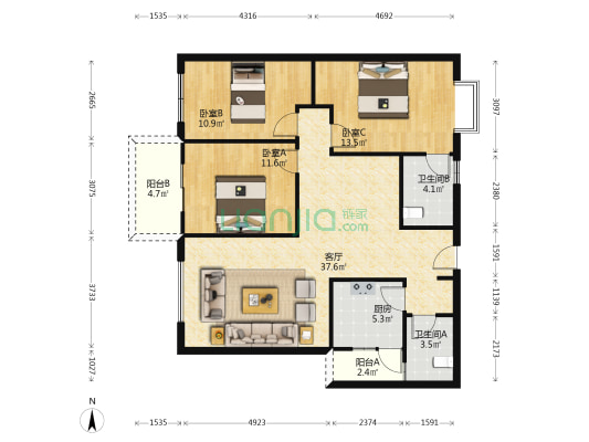 桂林萃岛南区 3室1厅2卫 121平方