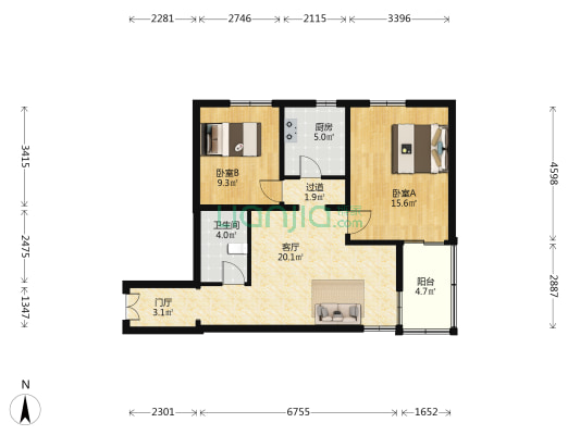 山水巢东 2室1厅1卫 88平方