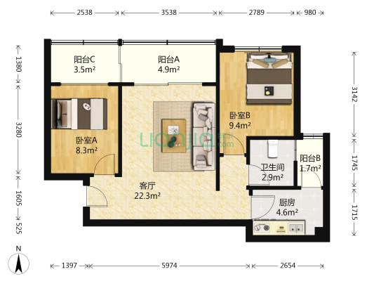 实力郡城 2室1厅1卫 65平方
