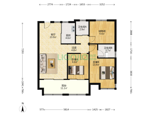 万科未来之光悦然 2室1厅2卫 108平方