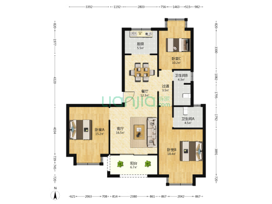 元升朗园 3室2厅2卫 128平方