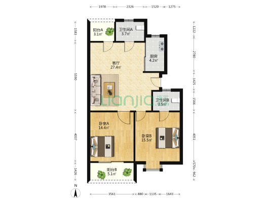 嘉德花苑 2室1厅2卫 89平方