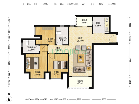 中南玖宸二期晓园 3室1厅2卫 99平方