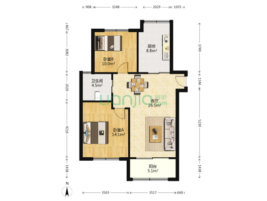 浦江世博家园十三街坊 2室1厅1卫 86平方