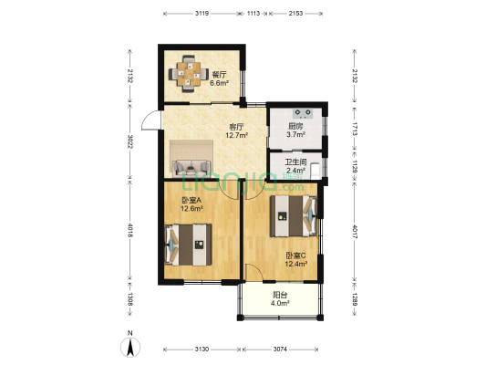 竹林境社区 2室2厅1卫 76平方