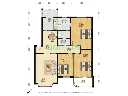 嘉钢公寓 3室2厅2卫 137平方