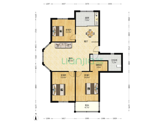 舜祥公寓 3室1厅1卫 122平方