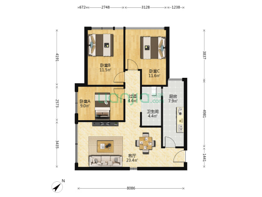 嘉源红郡 3室1厅1卫 88平方