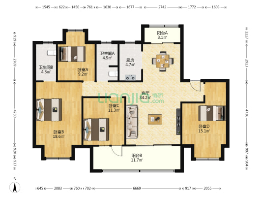 国投襄阳府 4室1厅2卫 140平方