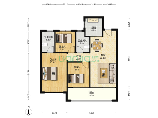 首开万科江悦光年 3室1厅2卫 102平方