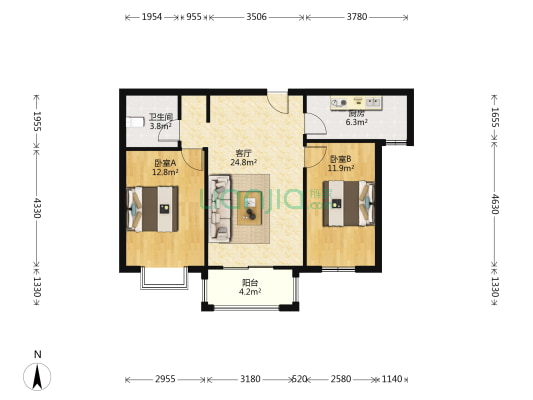 三羊开泰户型，采光面大，采光好 德信公园交通方便-户型图