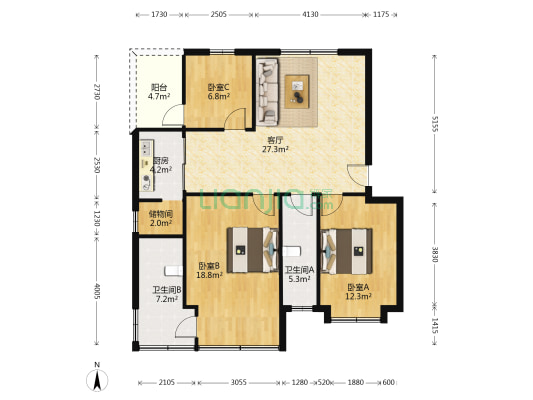 群贤路42号 3室1厅2卫 105平方
