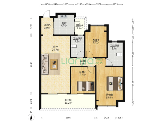 鹏欣漫城都荟 3室1厅2卫 113平方