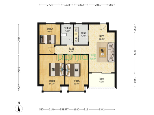 天章和园 3室1厅1卫 95平方