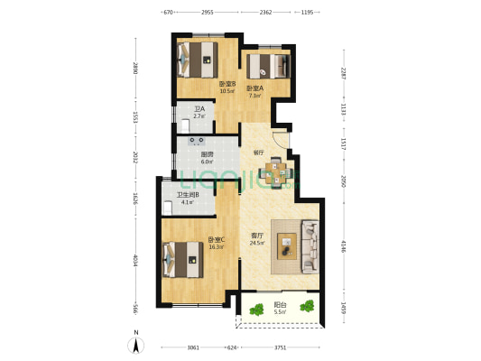华景川溪上云筑 3室1厅2卫 96平方